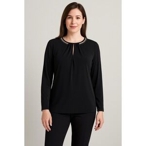 Liz Claiborne Career Petite Large Knit Blouse Top Black Long Sleeve Beading